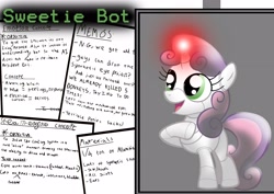 Size: 3508x2480 | Tagged: safe, artist:dr-siren, imported from derpibooru, sweetie belle, pony, robot, robot pony, unicorn, blank flank, female, filly, foal, glowing horn, hooves, horn, open mouth, raised hoof, solo, sweetie bot, text