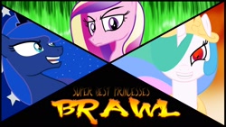 Size: 2000x1125 | Tagged: safe, artist:pinkanon, imported from derpibooru, princess cadance, princess celestia, princess luna, parody, super best princesses brawl