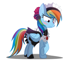 Size: 2185x1905 | Tagged: safe, artist:wicklesmack, imported from derpibooru, rainbow dash, pegasus, pony, blushing, clothes, costume, cute, dashabetes, dressup, female, french maid, frown, maid, rainbow dash always dresses in style, rainbow maid, simple background, solo, transparent background, unsure, vector