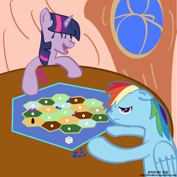 Size: 1000x1000 | Tagged: safe, artist:invidlord, imported from derpibooru, rainbow dash, twilight sparkle, board game, bored, dice, happy, lol, the settlers of catan