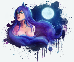 Size: 1000x837 | Tagged: safe, artist:songoftheshoebox, imported from derpibooru, princess luna, human, cleavage, female, humanized, moon, solo