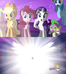 Size: 622x700 | Tagged: safe, edit, edited screencap, imported from derpibooru, screencap, applejack, fluttershy, pinkie pie, rainbow dash, rarity, spike, magical mystery cure, alicorn flash, error, exploitable meme, hub logo, meme, meta