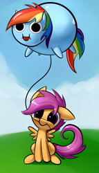 Size: 1039x1818 | Tagged: safe, artist:underpable, imported from derpibooru, rainbow dash, scootaloo, balloon, mouth hold, poo brain, string, tongue out