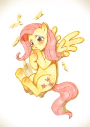 Size: 1033x1460 | Tagged: dead source, safe, artist:hotomura, imported from derpibooru, fluttershy, pegasus, pony, blushing, cute, feather, female, lying down, mare, on back, on side, pixiv, shyabetes, solo