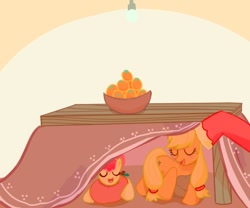 Size: 600x500 | Tagged: safe, artist:nyankamedon, imported from derpibooru, apple bloom, applejack, big macintosh, earth pony, pony, bowl, kotatsu, male, orange, pixiv, stallion, table, tablecloth