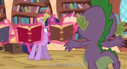 Size: 1595x865 | Tagged: safe, imported from derpibooru, screencap, spike, twilight sparkle, big crown thingy, book, golden oaks library, youtube caption, youtube link