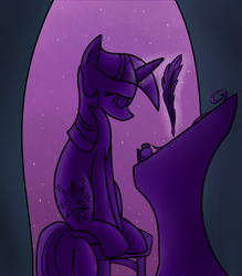 Size: 875x1000 | Tagged: safe, artist:lou3797, imported from derpibooru, twilight sparkle, pony, unicorn, female, inkwell, mare, night, quill, solo