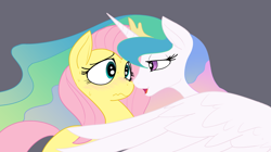 Size: 1136x636 | Tagged: safe, artist:reiduran, imported from derpibooru, fluttershy, princess celestia, alicorn, pegasus, pony, bedroom eyes, blushing, boop, eye contact, female, flutterlestia, frown, lesbian, mare, nervous, nose wrinkle, noseboop, open mouth, scrunchy face, shipping, smiling, sweat, wavy mouth, wide eyes