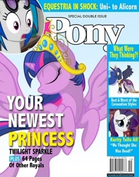 Size: 500x635 | Tagged: safe, artist:dutchess6942, imported from derpibooru, dj pon-3, princess luna, rarity, twilight sparkle, vinyl scratch, alicorn, pony, female, magazine, magazine cover, mare, parody, people magazine, twilight sparkle (alicorn)