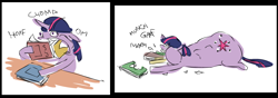 Size: 1222x430 | Tagged: safe, imported from derpibooru, twilight sparkle, pony, bibliovore, book, eating, fat, female, nom, object stuffing, pica, prone, solo, that pony sure does love books, wat