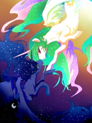 Size: 960x1280 | Tagged: safe, artist:nabe, imported from derpibooru, princess celestia, princess luna, gradient background, looking at each other, looking at someone, looking into each others eyes, royal sisters, siblings, sisters, spread wings, upside down, wings