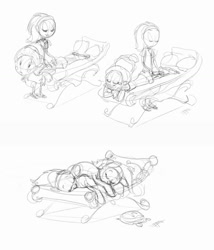 Size: 950x1108 | Tagged: safe, artist:carnifex, imported from derpibooru, aloe, fluttershy, lotus blossom, rarity, human, female, humanized, lineart, monochrome, mud mask, sketch, sleeping, spa, spa twins