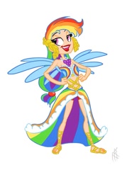 Size: 671x900 | Tagged: safe, artist:carnifex, imported from derpibooru, rainbow dash, human, clothes, dress, gala dress, humanized, sandals, skinny, winged humanization