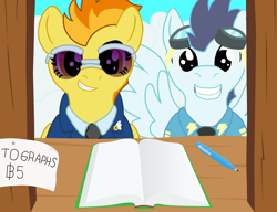 Size: 2212x1700 | Tagged: safe, artist:rydelfox, imported from derpibooru, soarin', spitfire, autograph, clothes, duo, pen, shirt, sunglasses, wonderbolts dress uniform