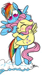 Size: 425x750 | Tagged: safe, artist:bunnimation, imported from derpibooru, fluttershy, rainbow dash, blushing, cloud, duo, flying, hug, puffy cheeks, shivering