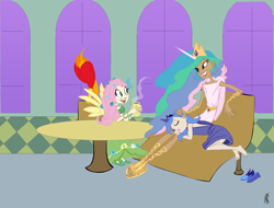 Size: 2422x1839 | Tagged: safe, artist:carnifex, imported from derpibooru, fluttershy, philomena, princess celestia, princess luna, phoenix, clothes, dress, gala dress, head on lap, horned humanization, humanized, sandals, skinny, sleeping, winged humanization