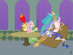 Size: 2422x1839 | Tagged: safe, artist:carnifex, imported from derpibooru, fluttershy, philomena, princess celestia, princess luna, phoenix, barefoot, bedroom eyes, clothes, dress, eyes closed, feet, gala dress, grin, head on lap, horned humanization, humanized, on side, sandals, side, sitting, skinny, sleeping, smiling, winged humanization