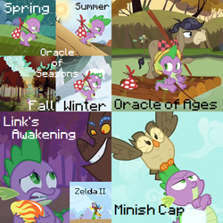 Size: 400x400 | Tagged: safe, edit, edited screencap, imported from derpibooru, screencap, cranky doodle donkey, owlowiscious, spike, bird, donkey, dragon, owl, dragon quest, just for sidekicks, adventure ponies, autumn, bindle, raft, rain, snow, spring, summer, text, the legend of zelda, the legend of zelda: link's awakening, the legend of zelda: oracle of ages, the legend of zelda: oracle of seasons, the legend of zelda: the minish cap, winter, zelda ii: the adventure of link