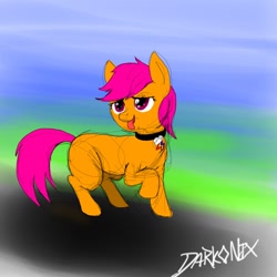 Size: 1080x1080 | Tagged: safe, artist:darkonix, imported from derpibooru, scootaloo, pony, 30 minute art challenge, collar, pet, pet play, scootapet, solo, tongue out