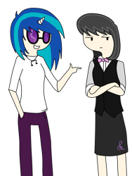 Size: 750x1000 | Tagged: safe, artist:staticwave12, imported from derpibooru, dj pon-3, octavia melody, vinyl scratch, human, adventure time, clothes, crossover, female, horned humanization, humanized, simple background, style emulation, transparent background