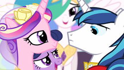 Size: 720x405 | Tagged: safe, artist:capnpea, edit, edited screencap, imported from derpibooru, screencap, princess cadance, princess celestia, shining armor, twilight sparkle, a canterlot wedding, female, fimbriae, male, photobomb, shiningcadance, shipping, straight