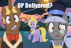 Size: 692x471 | Tagged: safe, edit, edited screencap, imported from derpibooru, screencap, caesar, chocolate sun, count caesar, lyrica lilac, earth pony, pony, unicorn, sweet and elite, cappuccino, female, male, mare, meta, op, reaction image, stallion, text edit