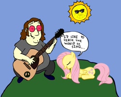 Size: 900x724 | Tagged: safe, artist:corwin, imported from derpibooru, fluttershy, human, pegasus, pony, guitar, hippie, hippieshy
