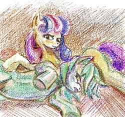 Size: 500x465 | Tagged: safe, artist:maytee, imported from derpibooru, bon bon, lyra heartstrings, female, lesbian, lyrabon, shipping, traditional art