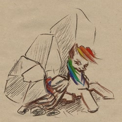 Size: 549x550 | Tagged: safe, artist:maytee, imported from derpibooru, rainbow dash, may the best pet win, crying, rock, scene interpretation, sketch