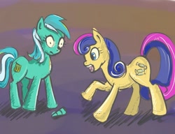 Size: 500x384 | Tagged: safe, artist:maytee, imported from derpibooru, bon bon, lyra heartstrings, duo, fake horn, horn, shocked, shrunken pupils