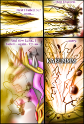 Size: 1200x1773 | Tagged: safe, artist:bonaxor, imported from derpibooru, princess celestia, alicorn, comic:corruption, comic, crying, explosion, tears of pain