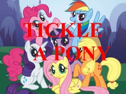 Size: 813x606 | Tagged: safe, artist:relulover1, deleted from derpibooru, imported from derpibooru, applejack, fluttershy, pinkie pie, rainbow dash, rarity, twilight sparkle, bronybait, mane six, mane six opening poses, red text, tickle party, tickle torture, tickling