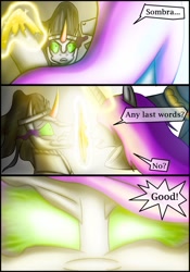 Size: 748x1069 | Tagged: safe, artist:bonaxor, imported from derpibooru, king sombra, princess celestia, comic:corruption, badass, comic, dark magic, sombra eyes