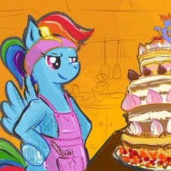 Size: 500x500 | Tagged: safe, artist:maytee, imported from derpibooru, rainbow dash, pegasus, pony, amused, apron, baking, bipedal, cake, clothes, female, food, mare, rainbow dash always dresses in style, simple background, solo, table