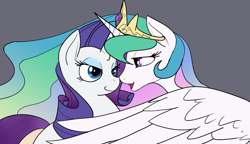 Size: 1105x636 | Tagged: safe, artist:reiduran, imported from derpibooru, princess celestia, rarity, bedroom eyes, boop, eye contact, female, lesbian, noseboop, open mouth, rarilestia, shipping, smiling, spread wings