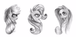 Size: 3193x1600 | Tagged: safe, artist:maytee, imported from derpibooru, applejack, fluttershy, rarity, earth pony, pony, bust, element of generosity, element of honesty, element of kindness, female, grayscale, line-up, mare, monochrome, pencil drawing, portrait, simple background, traditional art, trio, white background
