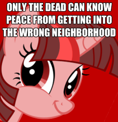 Size: 296x307 | Tagged: safe, imported from derpibooru, twilight sparkle, image macro, only the dead can know peace from this evil, twiface, wrong neighborhood