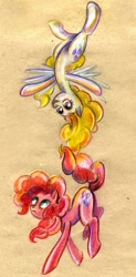 Size: 493x1000 | Tagged: safe, artist:maytee, imported from derpibooru, pinkie pie, surprise, flying, g1, g1 to g4, g4, generation leap, traditional art, upside down