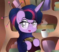 Size: 2056x1811 | Tagged: safe, artist:v-d-k, imported from derpibooru, twilight sparkle, pony, unicorn, alternate hairstyle, book, clothes, coffee, female, glasses, golden oaks library, hair bun, hoof hold, looking at you, mare, sweater