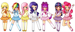 Size: 9377x4024 | Tagged: safe, artist:emoisthenewhappy, imported from derpibooru, applejack, fluttershy, pinkie pie, rainbow dash, rarity, twilight sparkle, oc, human, absurd resolution, humanized, mane six