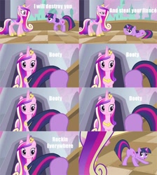 Size: 512x572 | Tagged: safe, edit, edited screencap, imported from derpibooru, screencap, princess cadance, queen chrysalis, twilight sparkle, friendship is witchcraft, a canterlot wedding, ass up, booty booty booty booty rockin' everywhere, bubba sparxxx, butt, butt shake, face down ass up, fake cadance, looking back, ms. new booty, open mouth, plot, prancing, prone, smiling, song reference, sunshine sunshine, twibutt, wide eyes