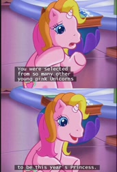Size: 637x932 | Tagged: safe, edit, edited screencap, imported from derpibooru, screencap, rarity (g3), pony, unicorn, the runaway rainbow, g3, lore, princess, subtitles