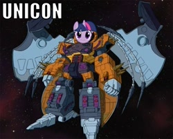 Size: 600x482 | Tagged: safe, imported from derpibooru, twilight sparkle, unicorn, faic, pun, smirk, space, special face, transformers, twiface, unicon, unicorn-unicron confusion, unicron