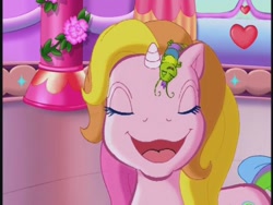 Size: 640x480 | Tagged: safe, imported from derpibooru, screencap, rarity (g3), caterpillar, pony, unicorn, the runaway rainbow, cute, eyes closed, female, flower, g3, heart, mare, open mouth, rose, unicornia