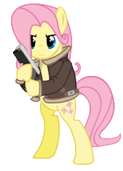 Size: 974x1362 | Tagged: safe, imported from derpibooru, fluttershy, cosplay, crossover, gif, gun, leon s. kennedy, non-animated gif, resident evil
