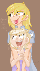 Size: 451x800 | Tagged: safe, artist:steeve, imported from derpibooru, derpy hooves, dinky hooves, human, cute, equestria's best daughter, equestria's best mother, happy, humanized, no pupils, smiling, tongue out