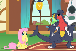 Size: 1280x853 | Tagged: safe, artist:elsdrake, imported from derpibooru, fluttershy, crossover, garchomp, pokémon