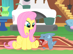 Size: 1024x768 | Tagged: safe, artist:elsdrake, imported from derpibooru, fluttershy, pegasus, pony, cooking pot, crossover, gible, jug, pokémon, sitting