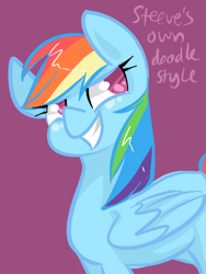 Size: 355x473 | Tagged: safe, artist:steeve, imported from derpibooru, rainbow dash, pegasus, pony, grin, pink background, side view, simple background, smiling, solo, text