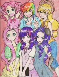Size: 1292x1698 | Tagged: source needed, safe, artist:emirichu, imported from derpibooru, applejack, fluttershy, pinkie pie, rainbow dash, rarity, twilight sparkle, human, cute, female, humanized, looking at you, mane six, open mouth